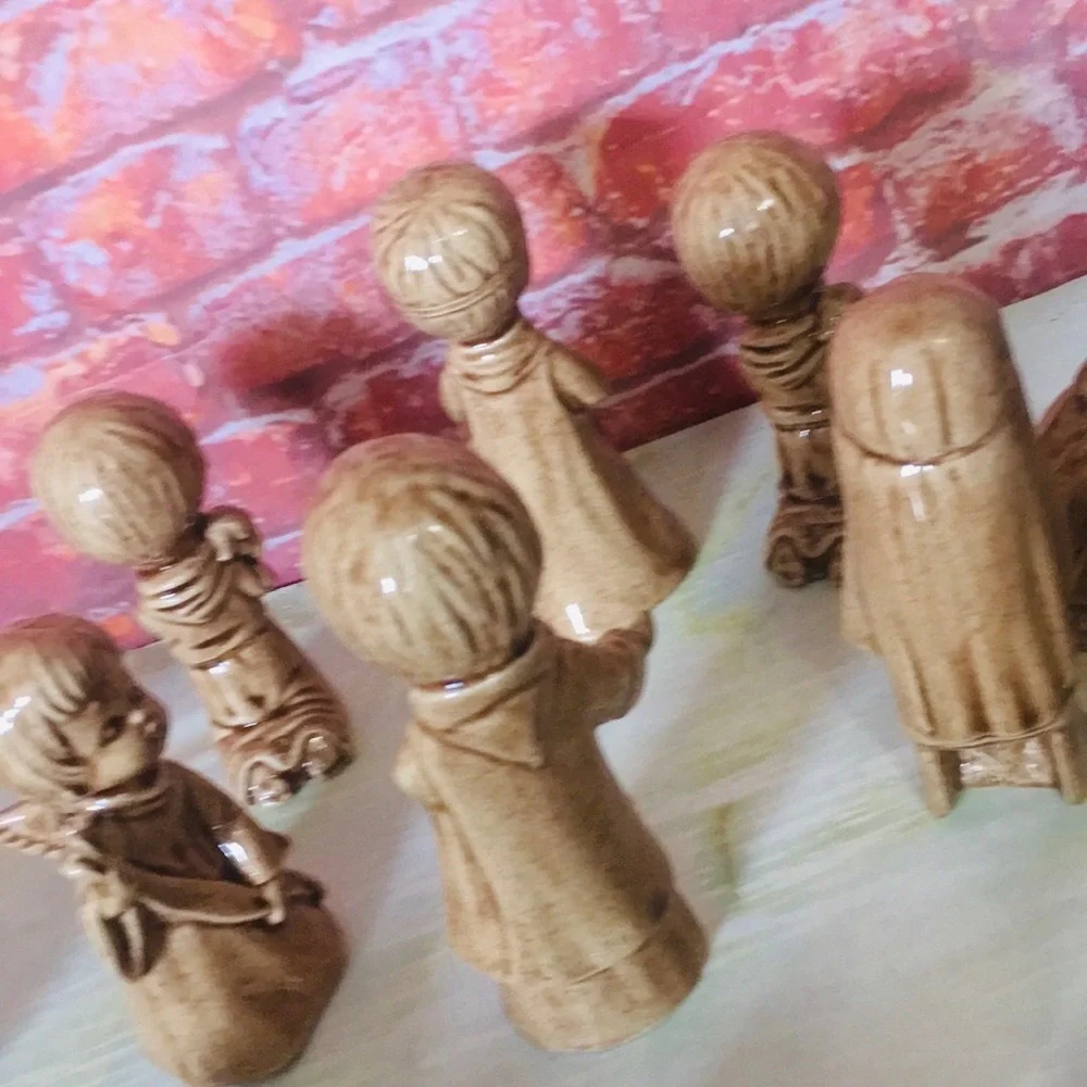 Vintage 70s Duncan Enterprises Tan Glazed Ceramic 12 Piece Nativity Set